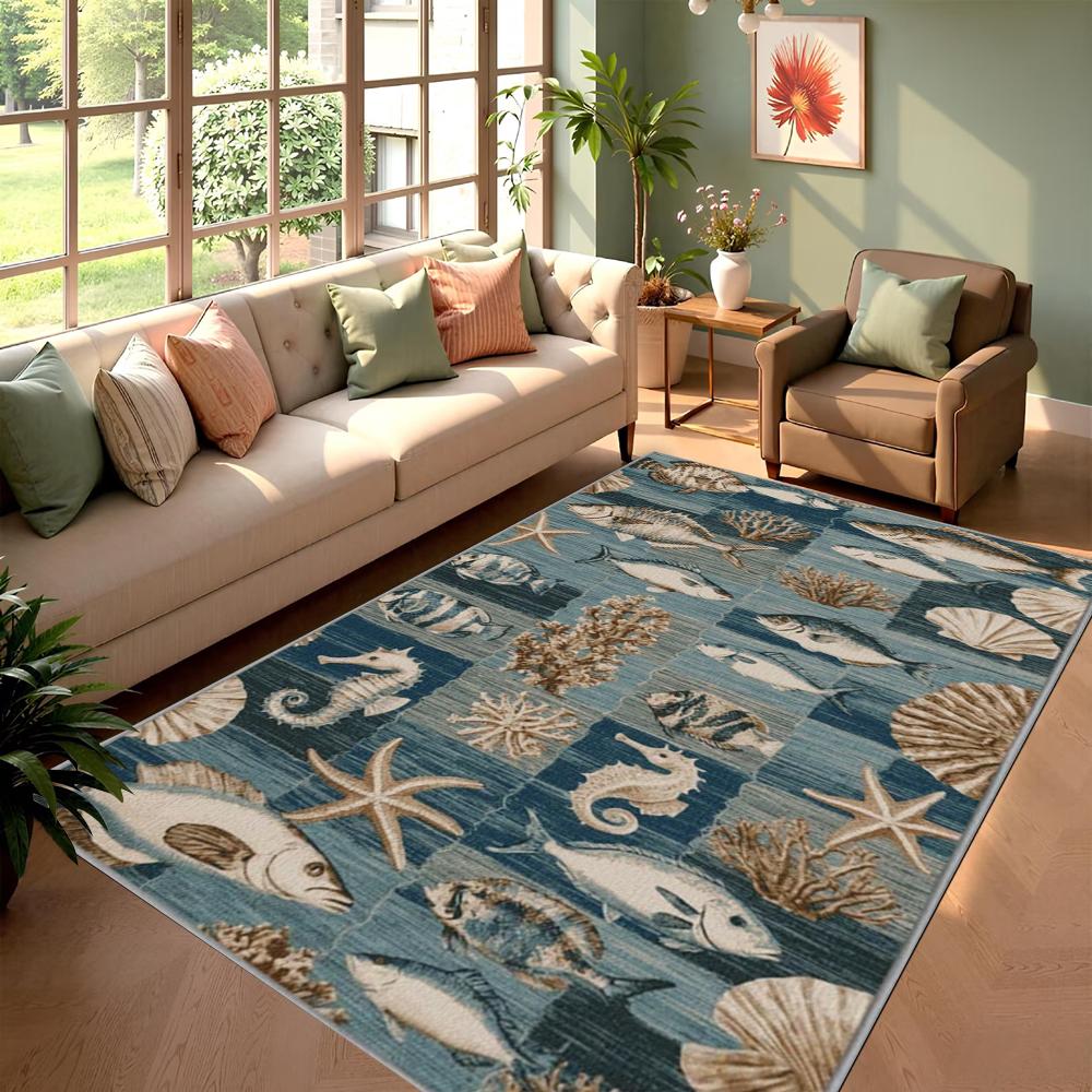 Ocean Fish Carpet Rug Home Decoration Nautical Sea Marine Floor Mat Living Room Hallway Bedroom Tribal Blue Patterns