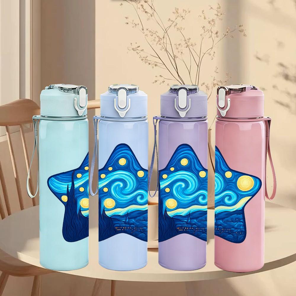 1PC Starry Blue Star Pattern 750ml Color Plastic Sports Water Bottle Leakproof Flip Straw Lid Suitable for Sports Office Home Use