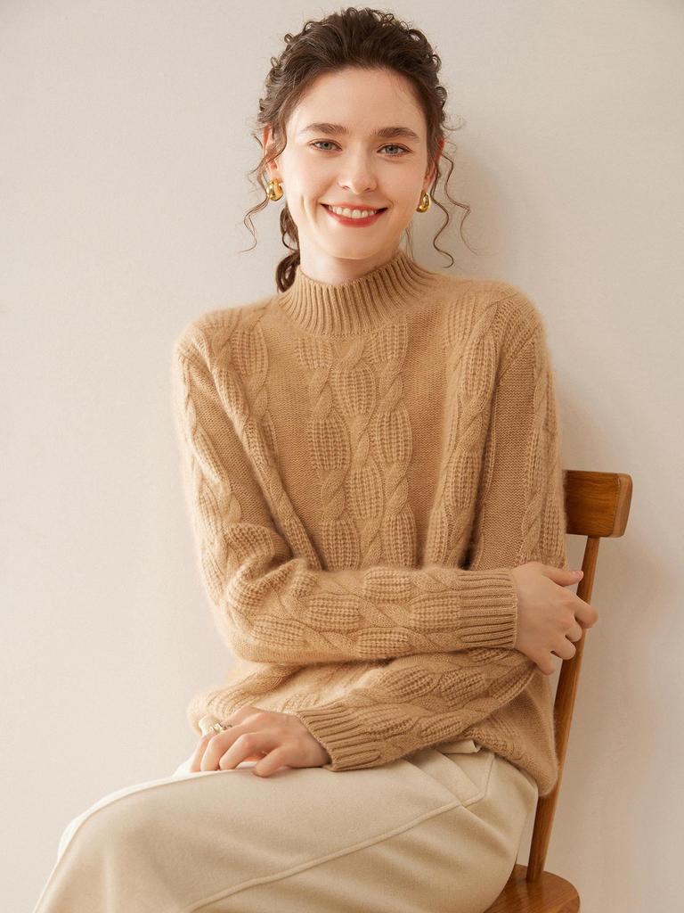 Women's Heavyweight Cashmere Jacquard Sweater - Thick Half-High Neck, Long Sleeve, Winter Knit Pullover
