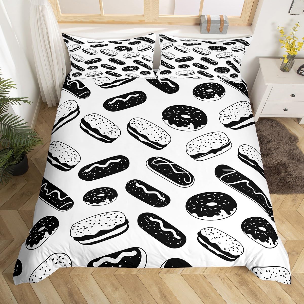 

Comforter Donuts Bedding Chocolate Doughnut Bedding Set Black White Comforter Microfiber Whimsical Dessert Comforter (quilt)-EU Single(135*200cm)3pcs