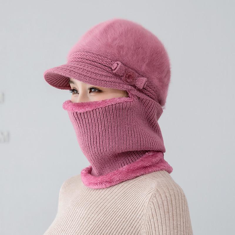 Middle aged mother rabbit fur scarf one-piece hat female winter cycling plush wool old man hat scarf warm