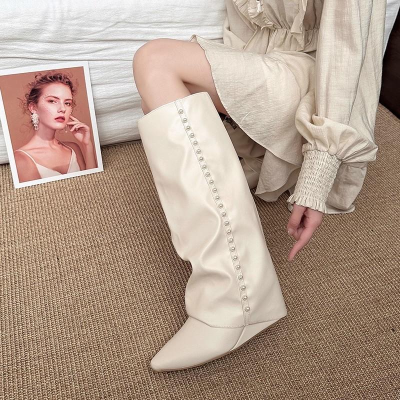 Pants Boots Fashion Leather Boots Fashion Autumn Design Pearl Pointed Heel But Knee Boots