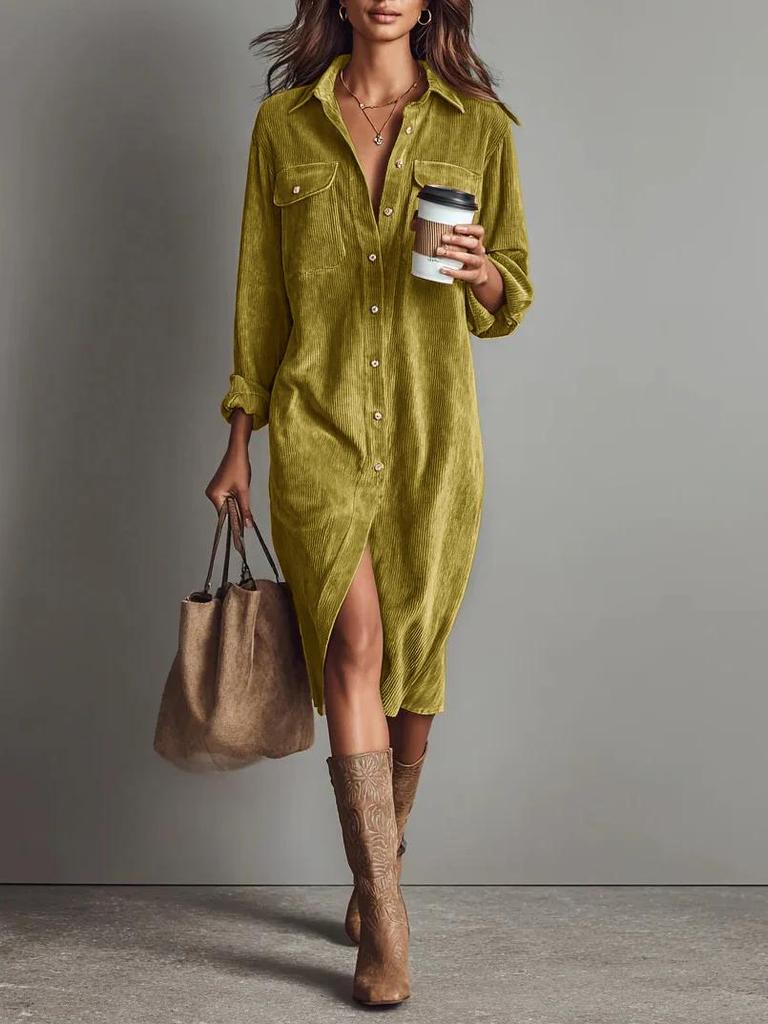 Corduroy Long-Sleeve Dress: Europe & America Fashion Trend Loose Lapel Shirt Skirt