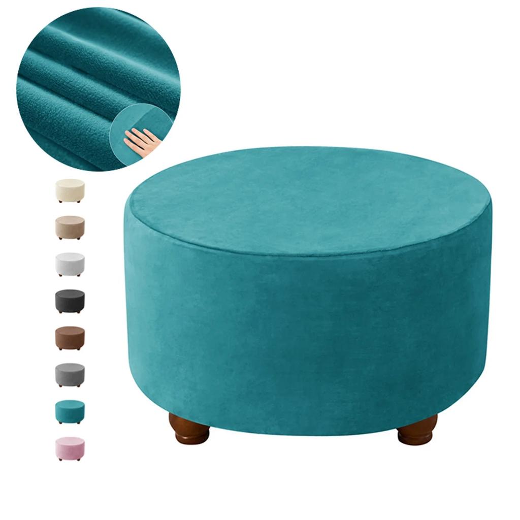 Velvet Round Ottoman Stool Cover Elastic Sofa Footrest Cover Washable All-Inclusive Footstool Seat Slipcover Furniture Protector