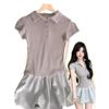 Fashion new gray POLO neck splicing fake two-piece dress women's summer waist pleated short skirt children sweet