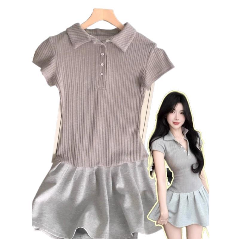 Fashion new gray POLO neck splicing fake two-piece dress women's summer waist pleated short skirt children sweet