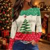Women's Christmas Tree Print Crewneck Long Sleeve Top with Split Hem for Holiday