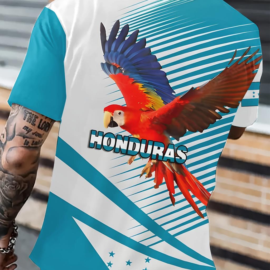 Honduras Parrot Pattern 3D Print Men's Fashion Comfy Breathable T-Shirt, New Casual Round Neck Short Sleeve Tee For Spring Summer Men's Clothing
