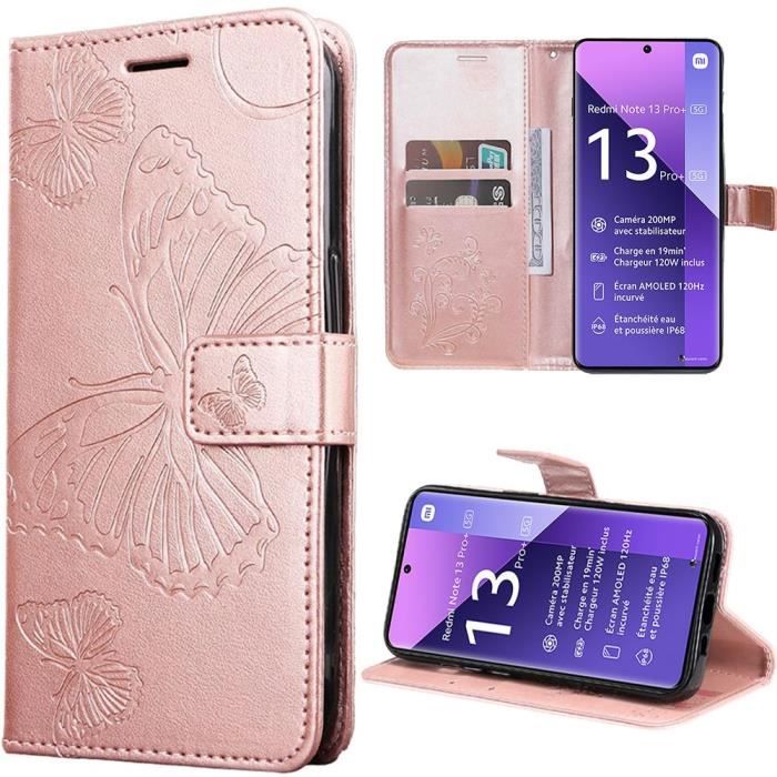 Coque - E.F.CONNECTION - pour Xiaomi Redmi Note 13 Pro+ 5G - Rose - Effet Cuir - Motif Papillon