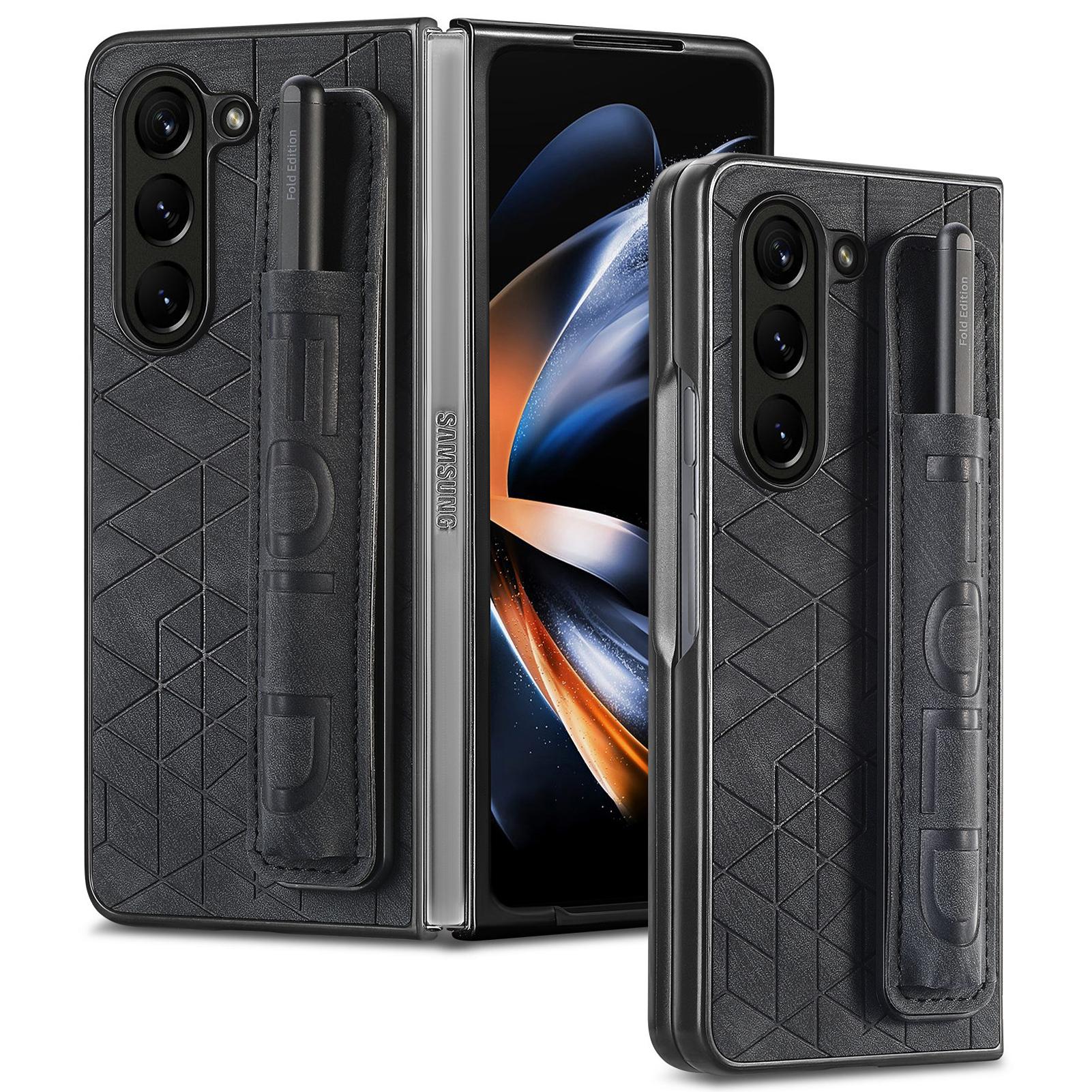 

For Samsung Galaxy Z Fold6 5G Case Wrist Band Leather+PC Cover with Pen Slot Black