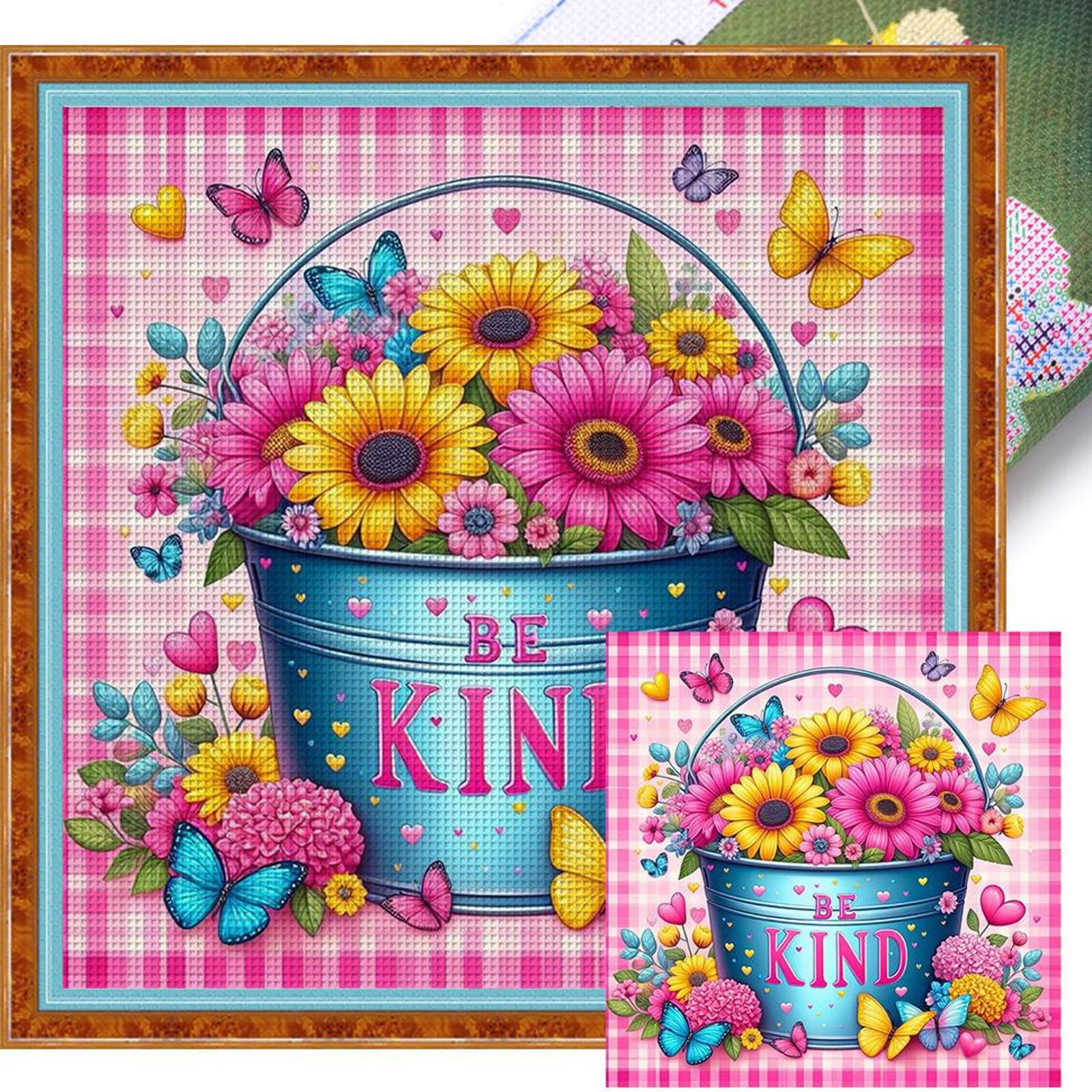 Flower in Bucket Printed Cross Stitch Kit DIY 11CT Thread Art Needlework Decor