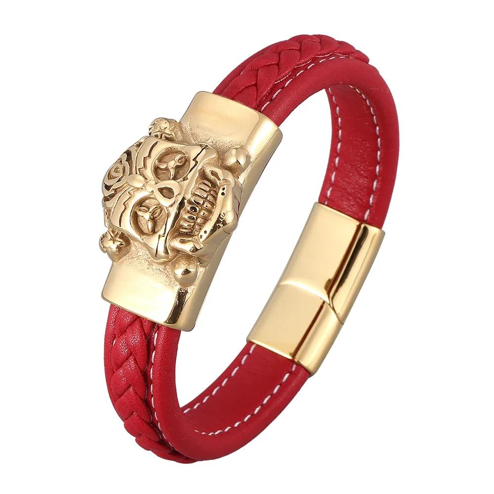 

New Punk Design Gold Color Animal Genuine Leather Bracelet Men Female Stainless Steel Bangle Wristband Jewelry Wearing Length 205mm червоний