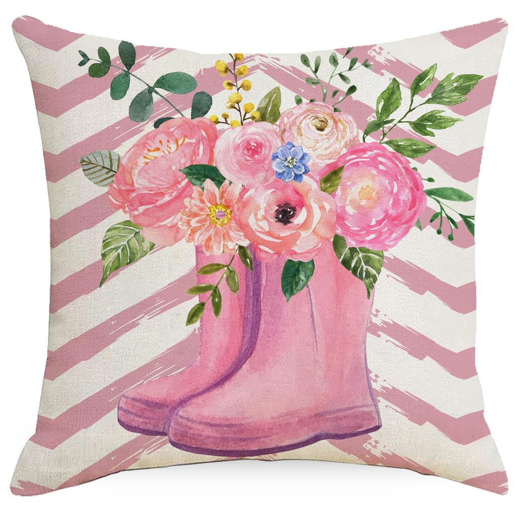 New Spring Theme Linen Pillowcase Letters Flower Garland Digital Print Pillowcase