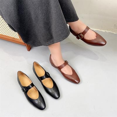 Retro Spitz zulaufende Mary Jane Schuhe Echtes Leder Handgefertigt Frühling Niedrigen Absatz Flache Pumps