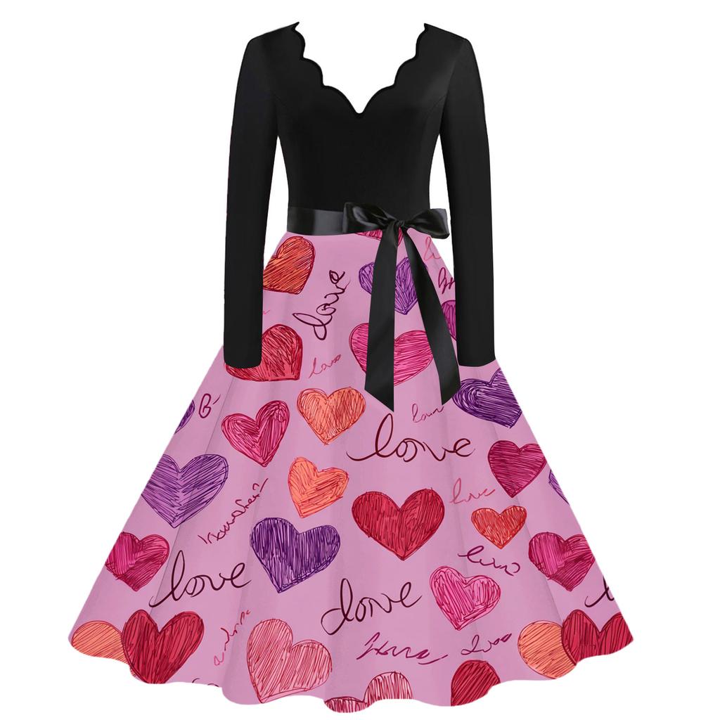 Damen Casual Mode V-Ausschnitt Valentinstag Print Retro Kleid