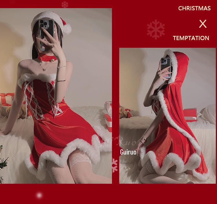 Velvet Patchwork Backless Christmas Princess Dress with Lace Cape Set