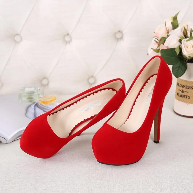 Kadın Pompaları Moda Süet Kadın Sandaletleri 14cm Platform Düğün Pompaları Günlük İnce Topuklu Kadın Ayakkabıları