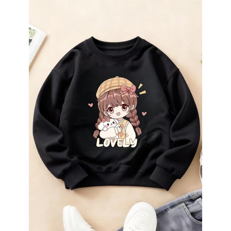 Kids Crewneck Long Sleeve Sweatshirt, Lovely Healing Print of Girl Hugging Rabbit 110 чёрный