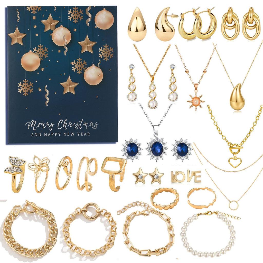 Holiday Gold Jewelry Set: Necklace, Beaded Bracelet, Ring, Earrings & Advent DIY Gift Box