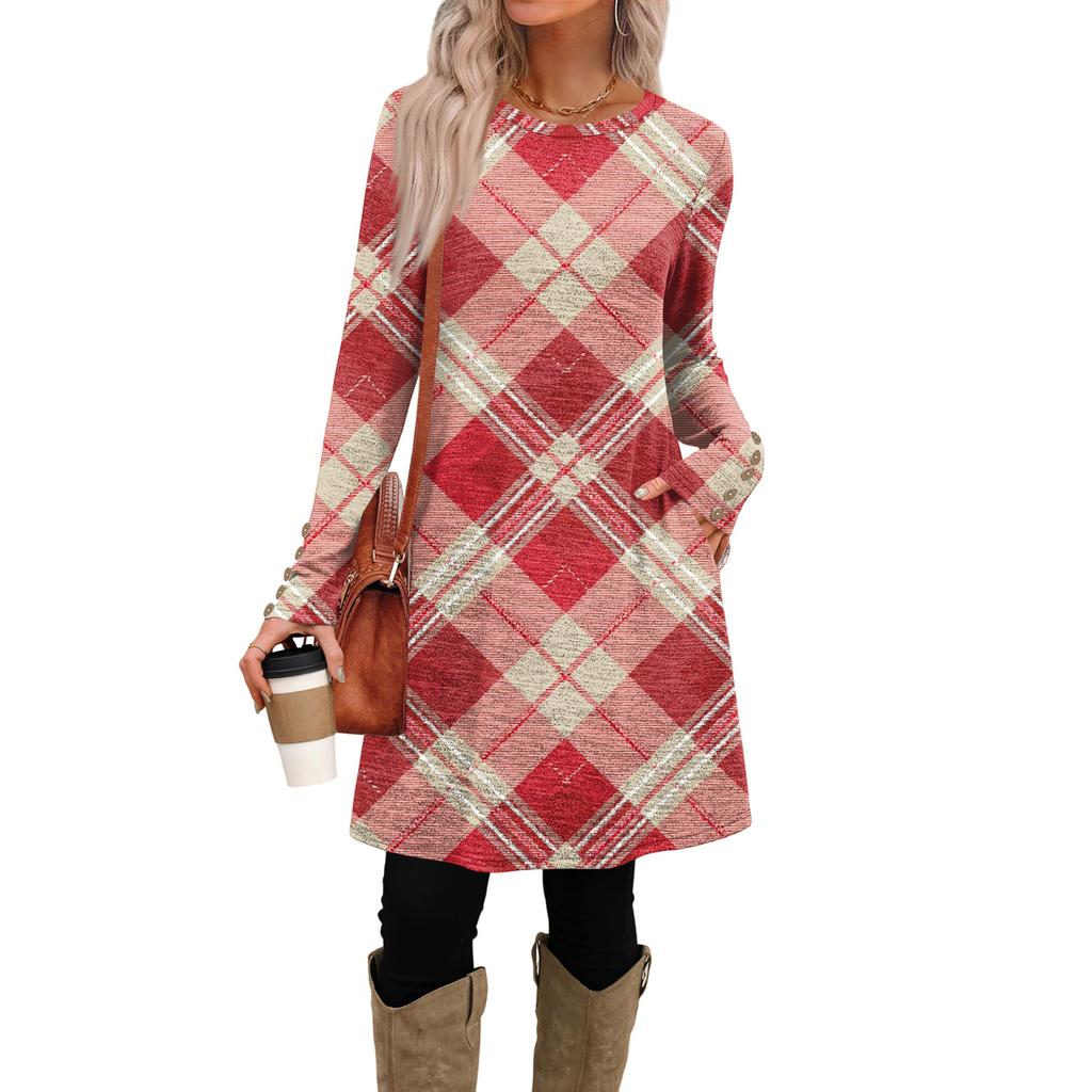 Rochie Casual de Damă la Modă cu Buzunare, Nasturi Decorativi, Gât Rotund și Mâneci Lungi