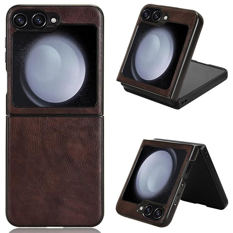 

For Samsung Galaxy Z Flip7 FE 5G/Z Flip6 5G Case Litchi Texture Leather Hard PC Phone Cover Brown