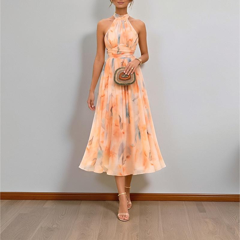 Retro Fashion Maxi Dress Summer Sleeveless Simple Print Ruffled Dresses Streetwear for Women's Clothing Holiday Party