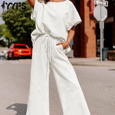 Women's Fashion Casual Summer Spring Solid Color Print Short Sleeve O-Neck Trousers Pants Suits