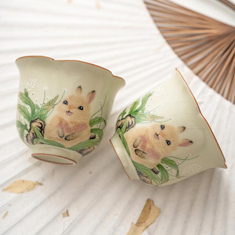 Cute Rabbit Ruyao Teacup Handmade Ceramic Flower Petal Design Gongfu Tea Cup Tea Lover Gift