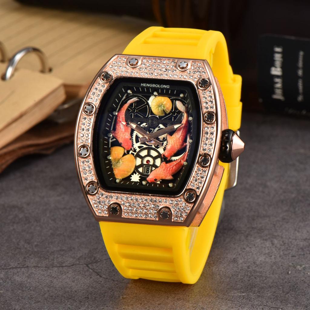 2025 Hengbolong Diamond Quartz Watch Men's Fashion Koi Pattern Strap Calendar Silicone Watch Strap