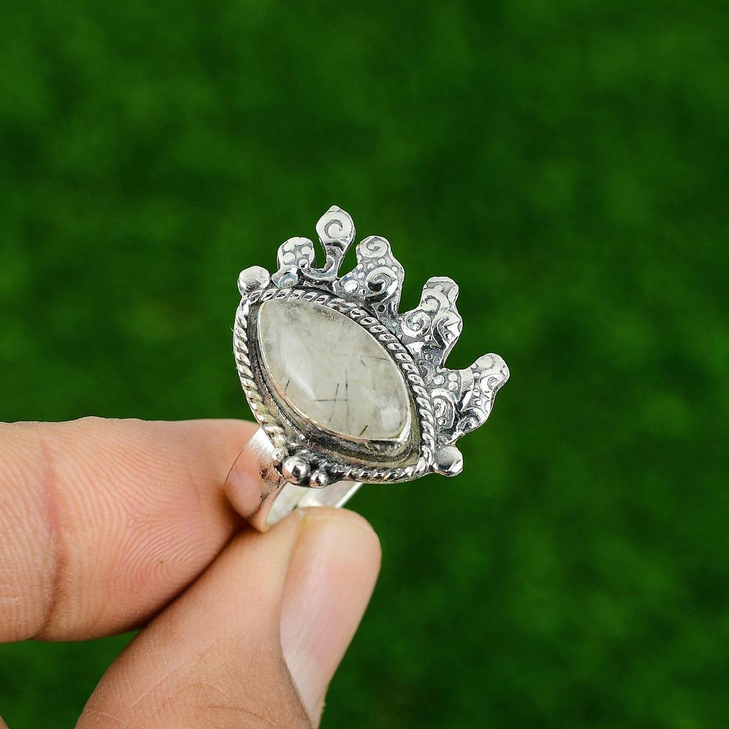 Wedding Gift For Her 925 Silver Natural Black Rutile Stackable Adjustable Ring