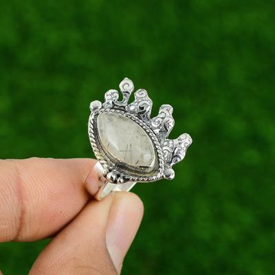 Hochzeitsgeschenk für Sie 925 Silber Natürlicher Schwarzer Rutil Stapelbarer Verstellbarer Ring