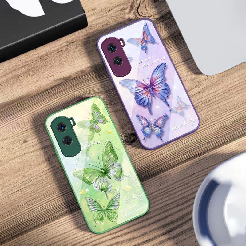 Gradient Colored Butterfly For Honor 200 90 8X 9X Pro Lite P50 P40 Nova 10 11i P60 Magic4 6 Mate 20 50 Tempered Glass Phone Case