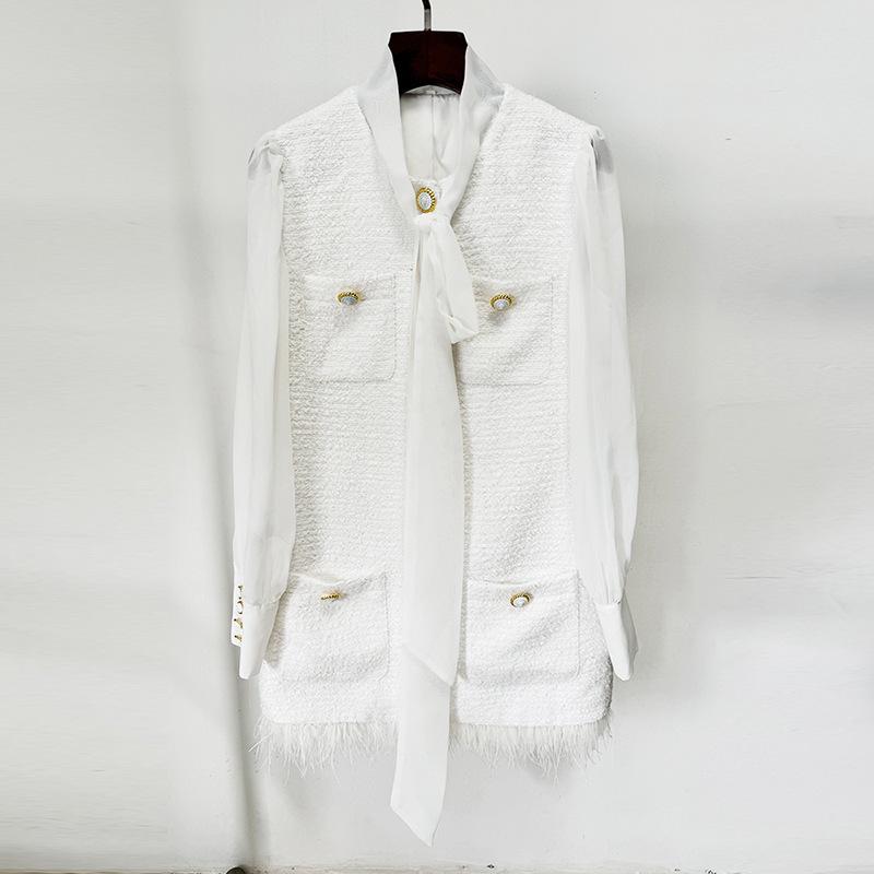 High-End Designer Chiffon Patchwork Tweed Dress with Feather Hem S белый