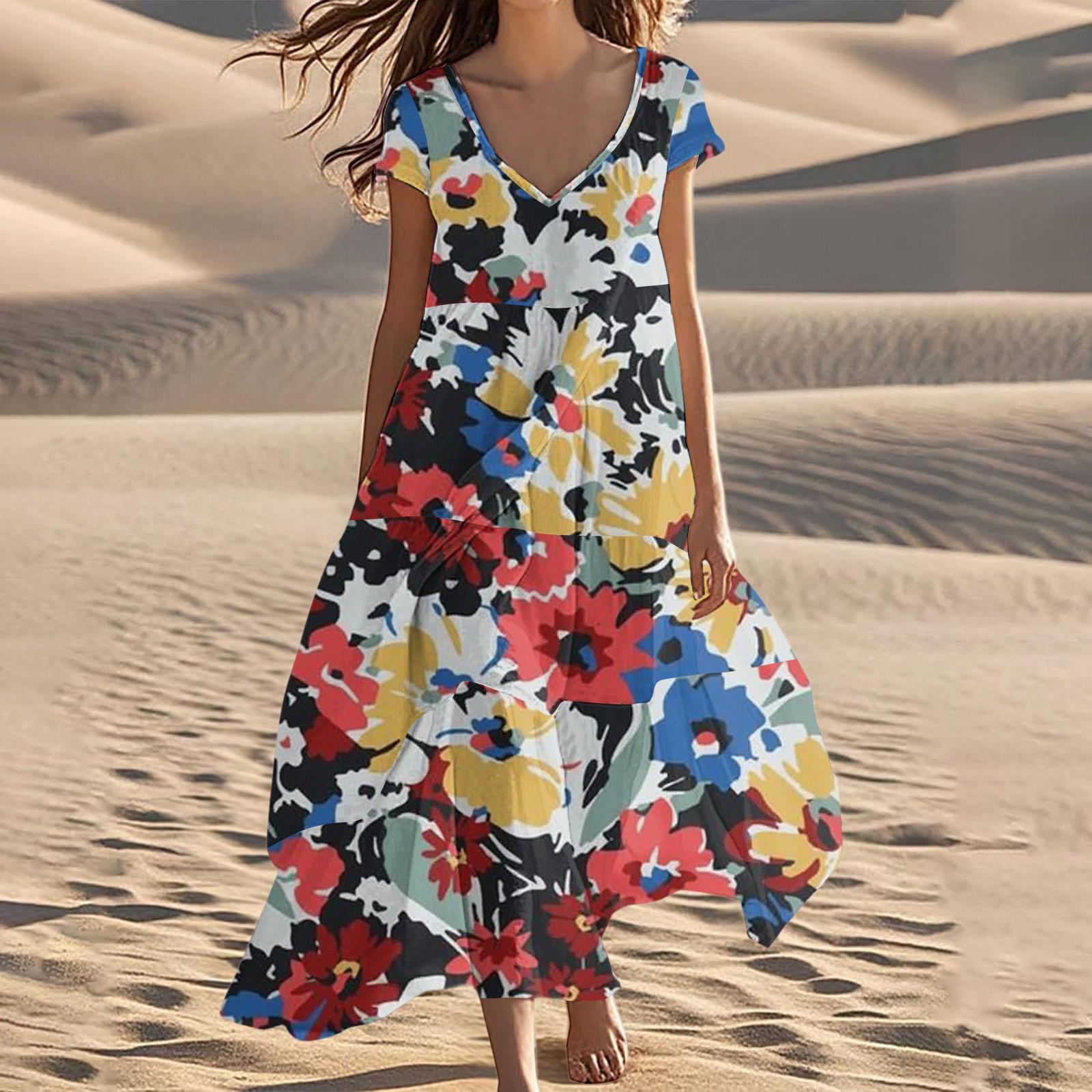 

Женские летние модные пляжные платья с V-образным вырезом и коротким рукавом с цветочным принтом XL винный