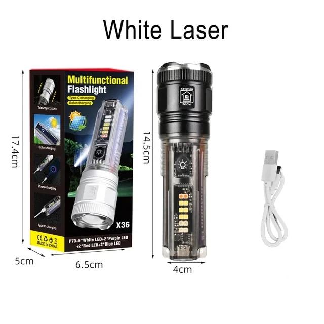 Powerful White Laser LED Flashlight Long Range 1000M Zoom Torch Lamp Solar Powered/USB Charging Outdoor Warning Flashing Light