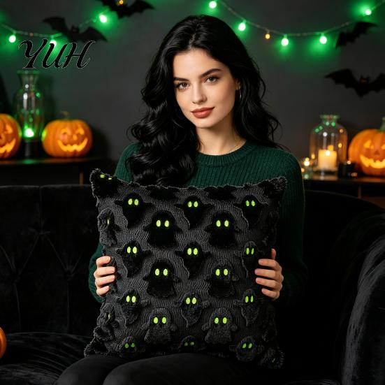 Soft Short Plush Fabric Halloween Ghost Cushion Cover, Throw Pillow Case, 18x18 Inches Pumpkin Holiday Gift for Home Bat Cover Sofa Couch Bed