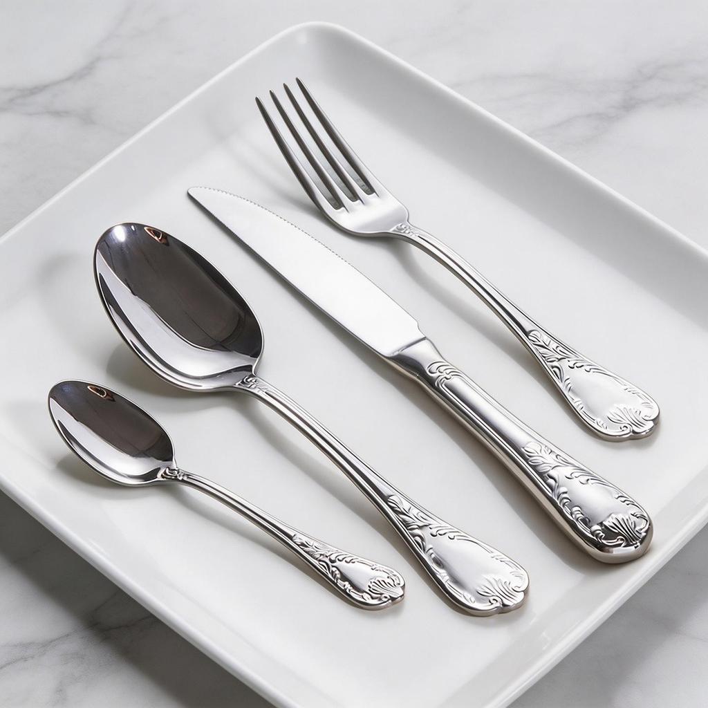 304 Stainless Steel Cutlery Set: French Mirror Finish with Noble Vine Embossed Design - Includes Steak Knife, Fork, Spoon, and Luxury Soup Spoon.
