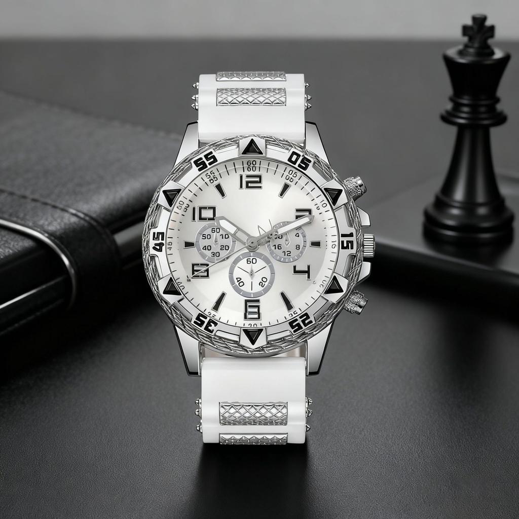 Men'S Watch Sports Fashion Trend Business Fake Three-Eye Silicone Strap Watch Digital Quartz Watch