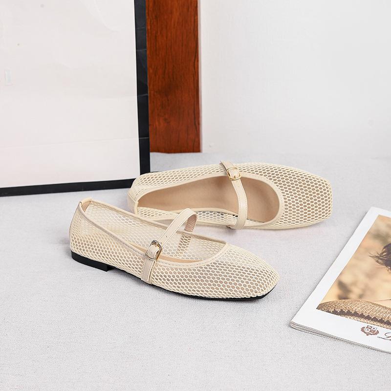Damen Mesh Ballerinas Sommer Mary Jane Schuhe Ballerina Laufschuhe Rutschfest Quadratische Geschlossene Zehenpartie Mary Jane Ballerinas mit Verstellbarem Riemen Abendschuhe