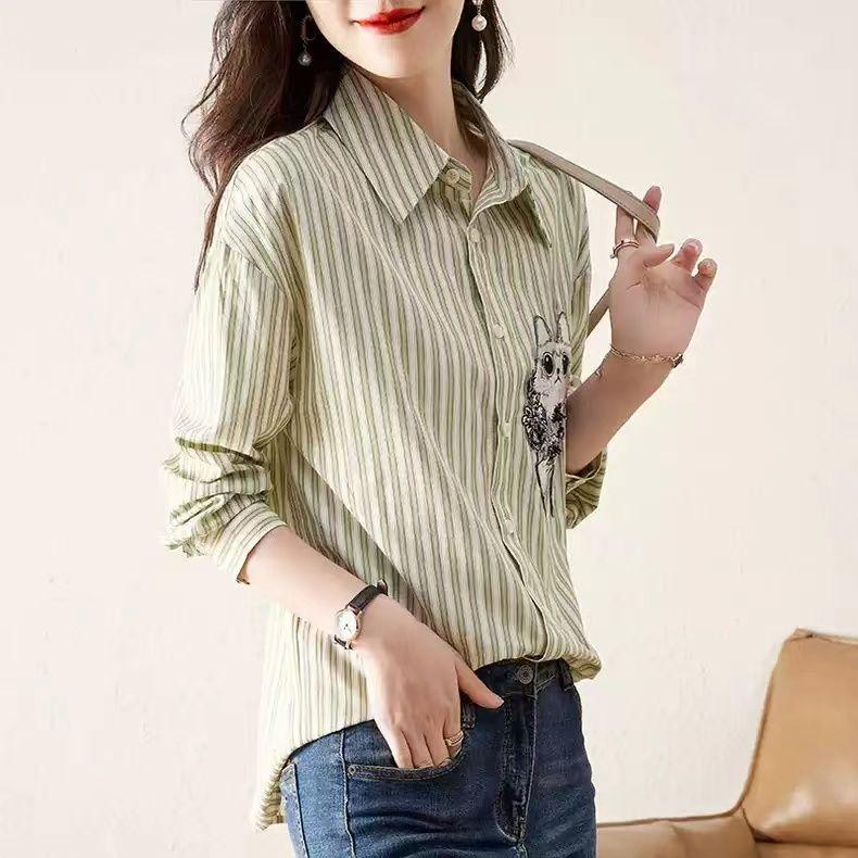 New Striped Shirt Women Lapel Long Sleeve Tops Versatile  Loose Cat Embroidery Blouse