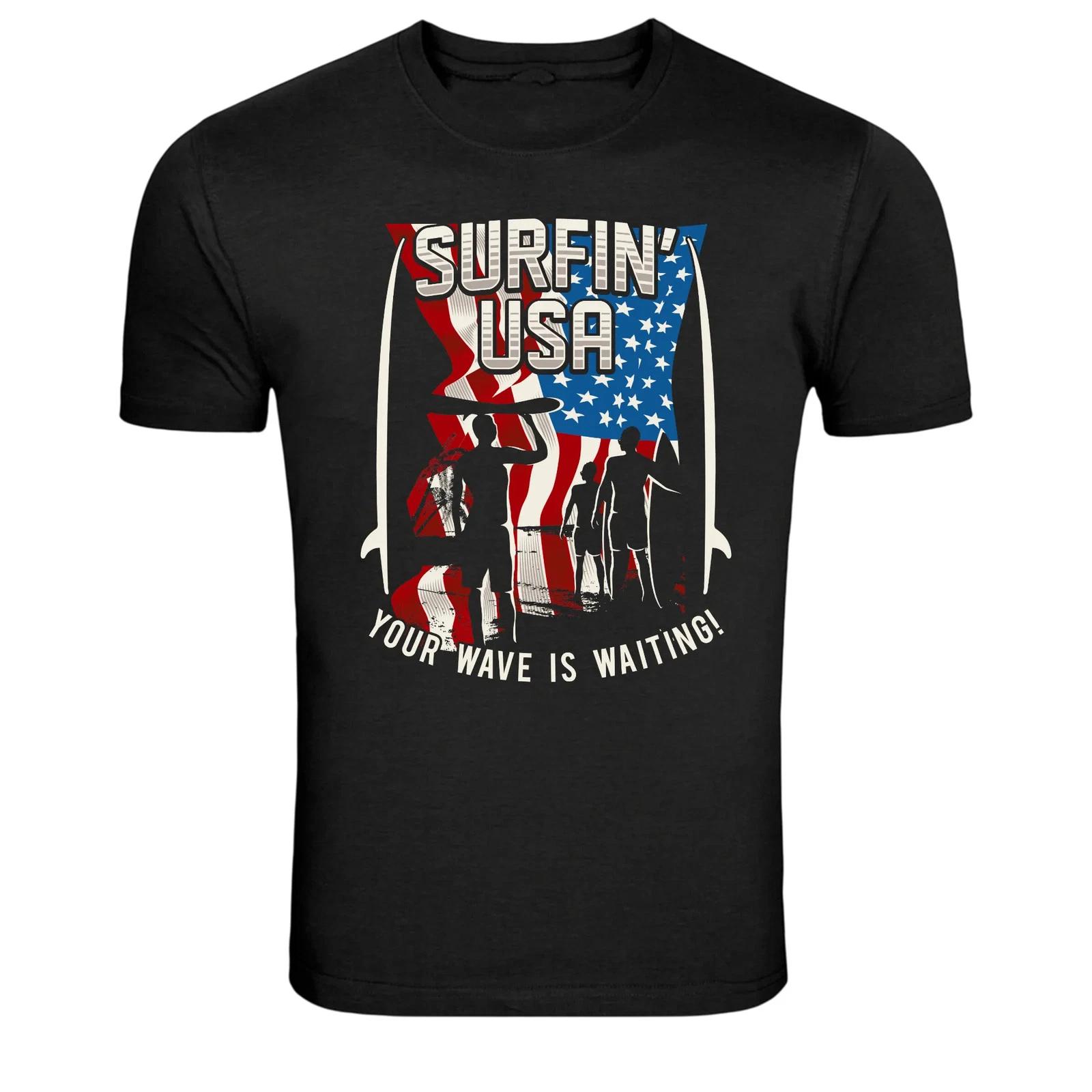 Surfing USA Beach Surfer Patriotic Wave Graphic T-Shirt M