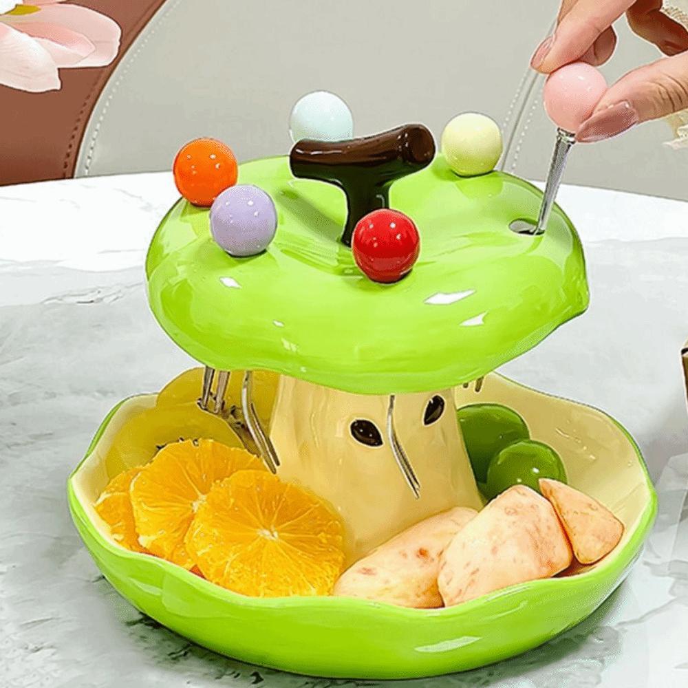 Ceramic Holder Colorful Fruit Fork Plate Set Fruit Fork with Fruit Plate Set  Table Ornaments