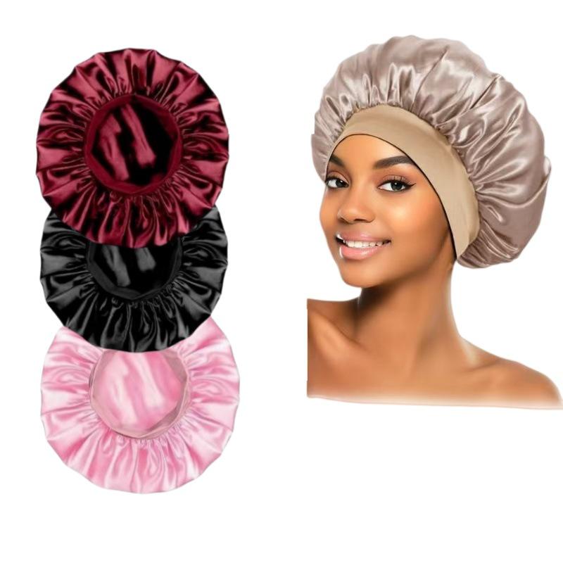 Faux Silk Satin Stretch Sleep & Shower Cap - Narrow Brim Round Cap for Hair Care