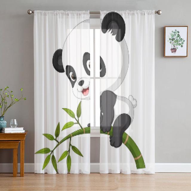 Animal Cute Panda Bamboo Cartoon Window Curtains Living Room Tulle Curtains Kitchen Decor Kids Room Curtain Window Treatment