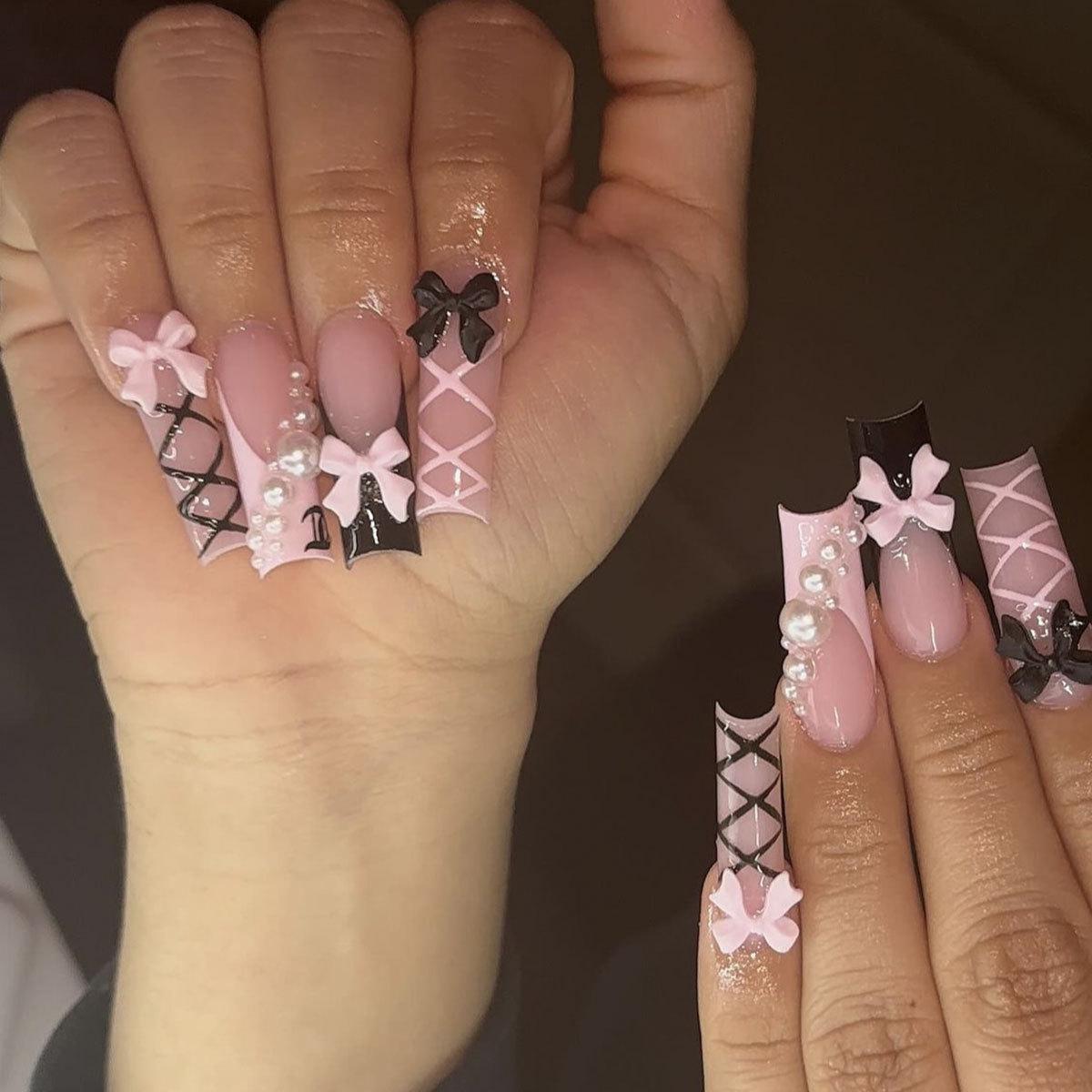 

European & American Style Black & Pink Cross Pearl Bow Press-On Nails