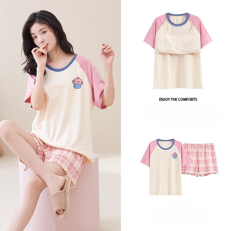 Pyjama Damen Sommer mit Kissen, süßen und niedlichen Shorts, kann außerhalb des kurzärmeligen Baumwollanzugs Homewear getragen werden