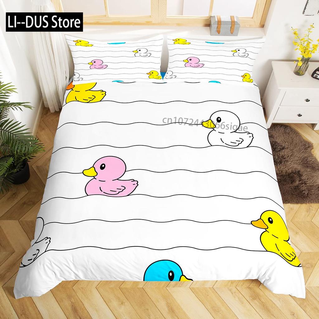 Housse de couette canard de dessin animé pour enfants garçons filles Kawaii canard avec couronne fleurs ensemble de literie housse de couette animal avec 2 taies d'oreiller