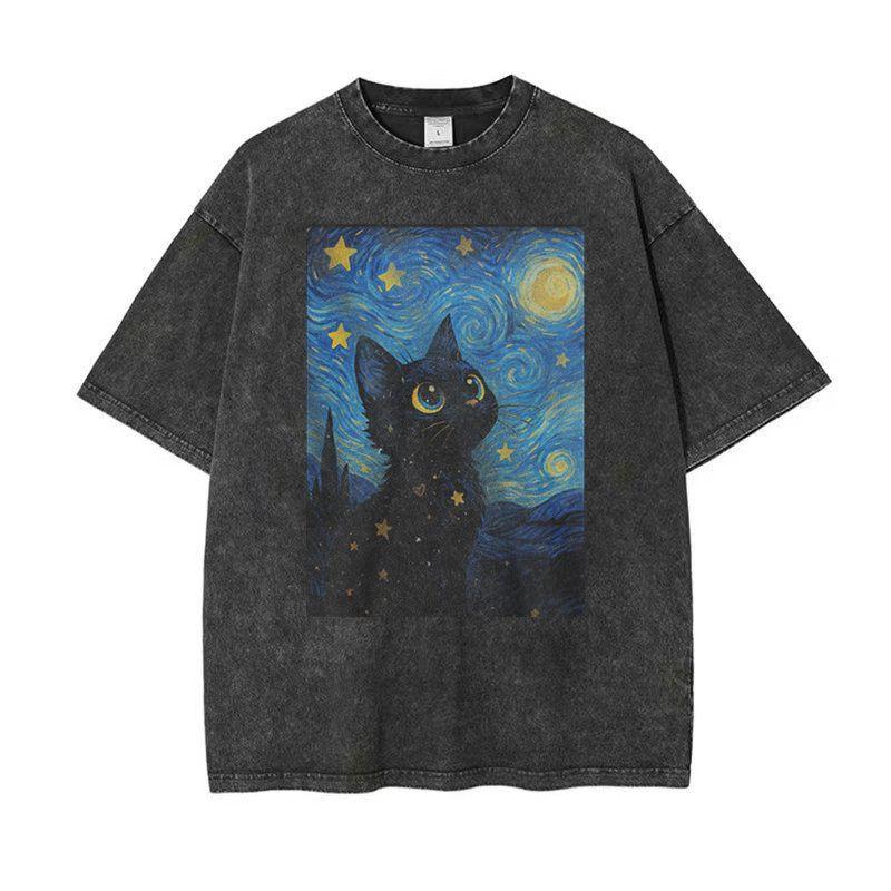 

Vintage Washed Sad MeowCat Graphic TShirt Men Women Streetwear Retro Melancholy Feline Design Short Sleeve Top Summer Fashion S