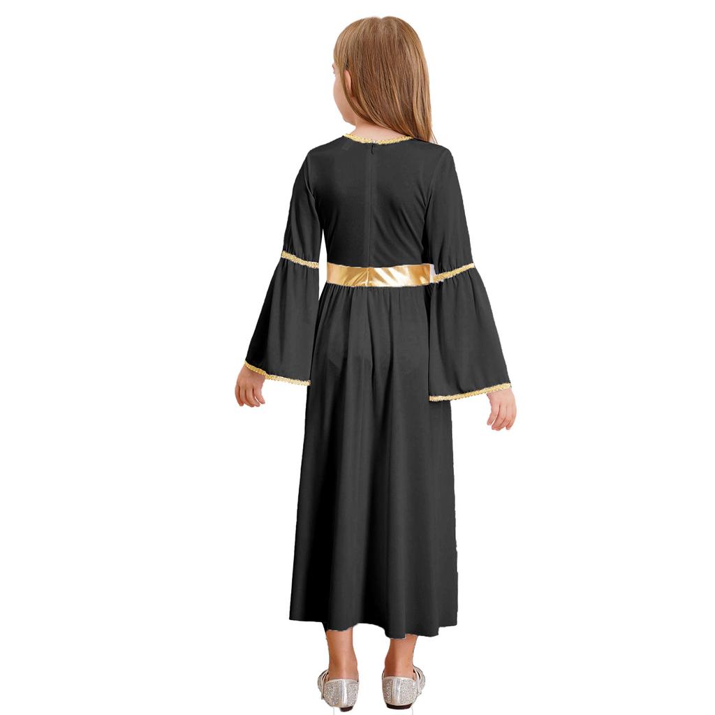 Girls Angel Costume Long Sleeve Gold Trim Patchwork Gown with Feather Accessories for Heavenly Cosplay Performances