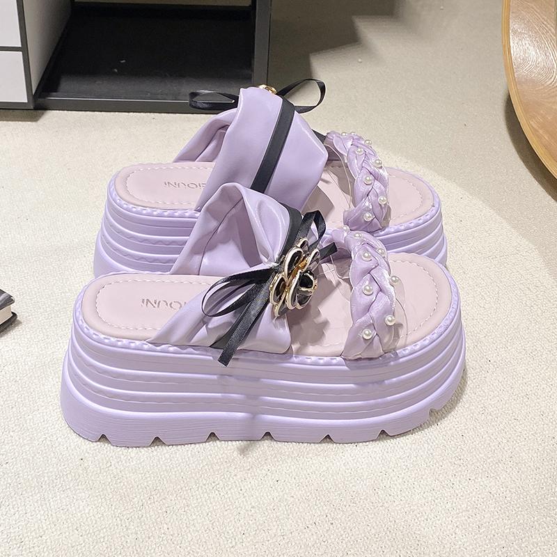 Fashion New 2025 Pearl Strap Chunky Sandals Women Summer High Platform Wedges Slippers Woman Fashion 8CM Heels Thick Bottom Beach Slides
